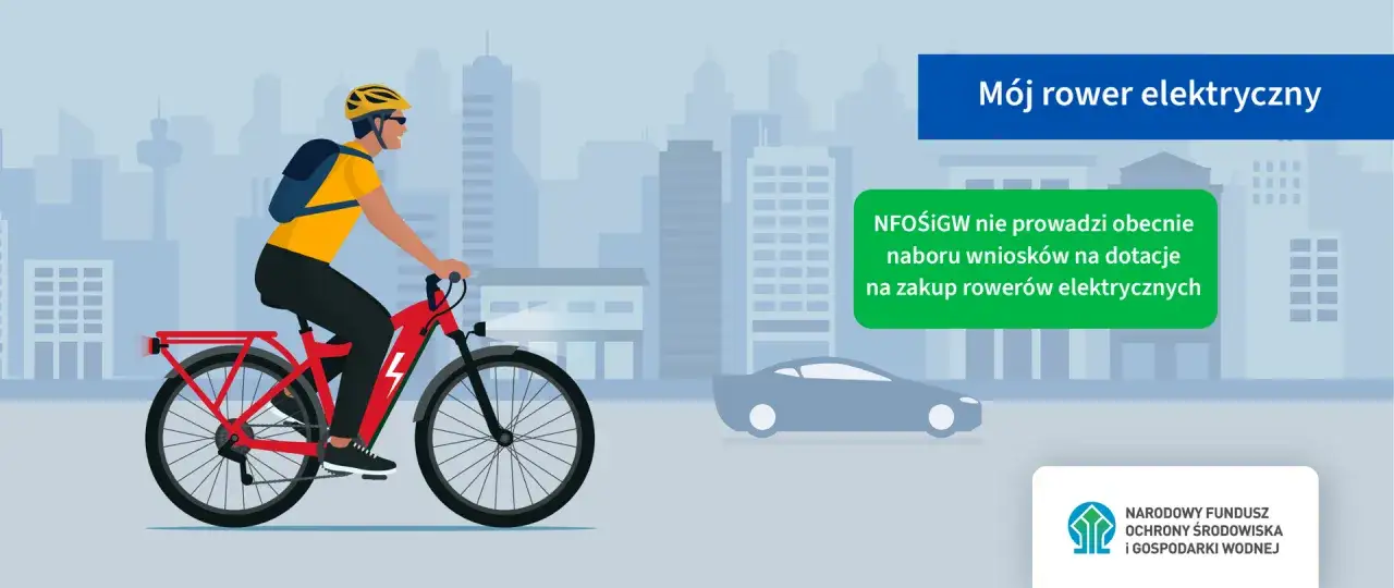 Mężczyzna na rowerze elektrycznym w mieście. NFOŚiGW nie prowadzi naboru wniosków na dotacje do zakupu rowerów elektrycznych.