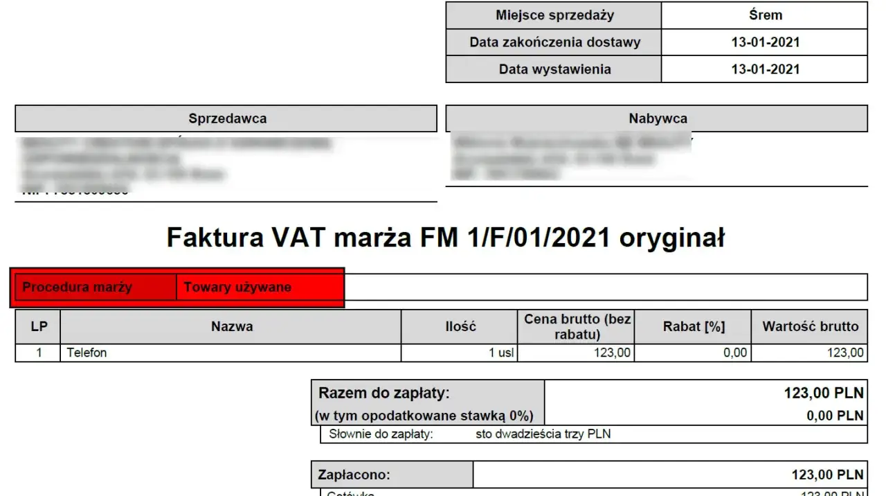 Faktura VAT marża FM 1/F/01/2021. Dokument dotyczy sprzedaży telefonu na zasadach procedury marży, co oznacza faktura VAT marża.