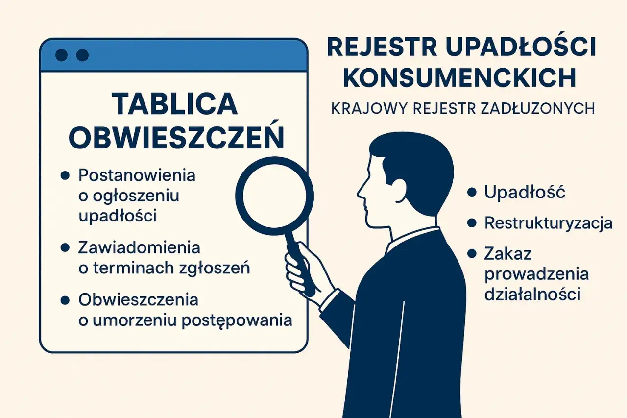 Tablica obwieszczeń w Krajowym Rejestrze Dłużników. Dowiedz się, jak złożyć wniosek o upadłość konsumencką, analizując postanowienia i zawiadomienia.