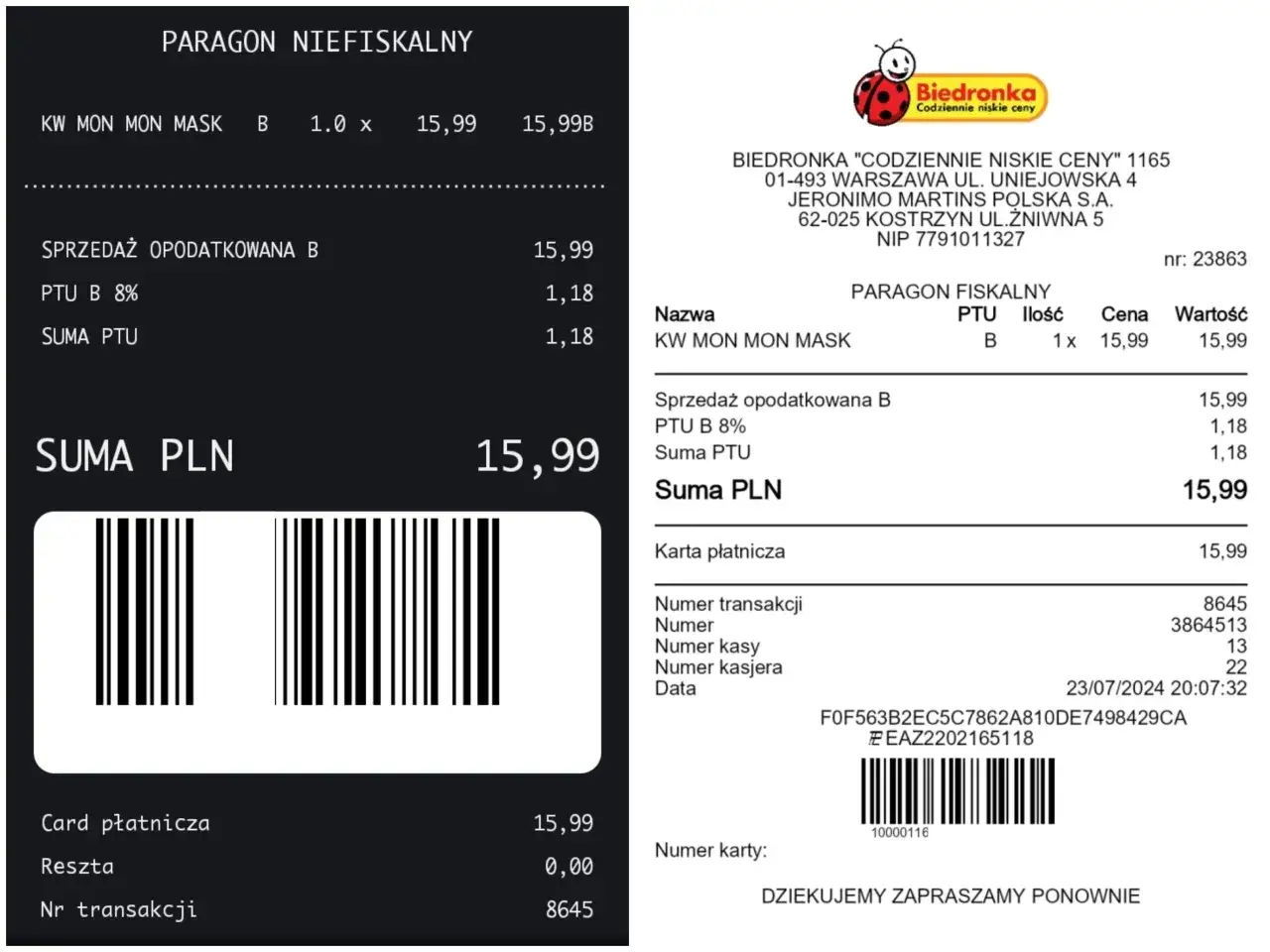 Paragon fiskalny z Biedronki: zakup 