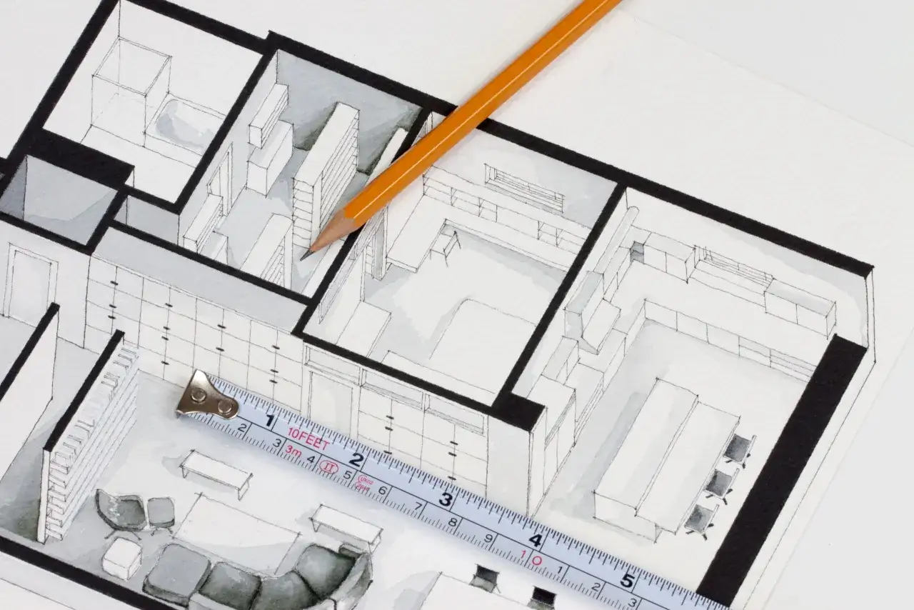 Plan mieszkania, ołówek i miarka. Dowiedz się, jak założyć firmę budowlaną z dofinansowaniem, zaczynając od projektu.