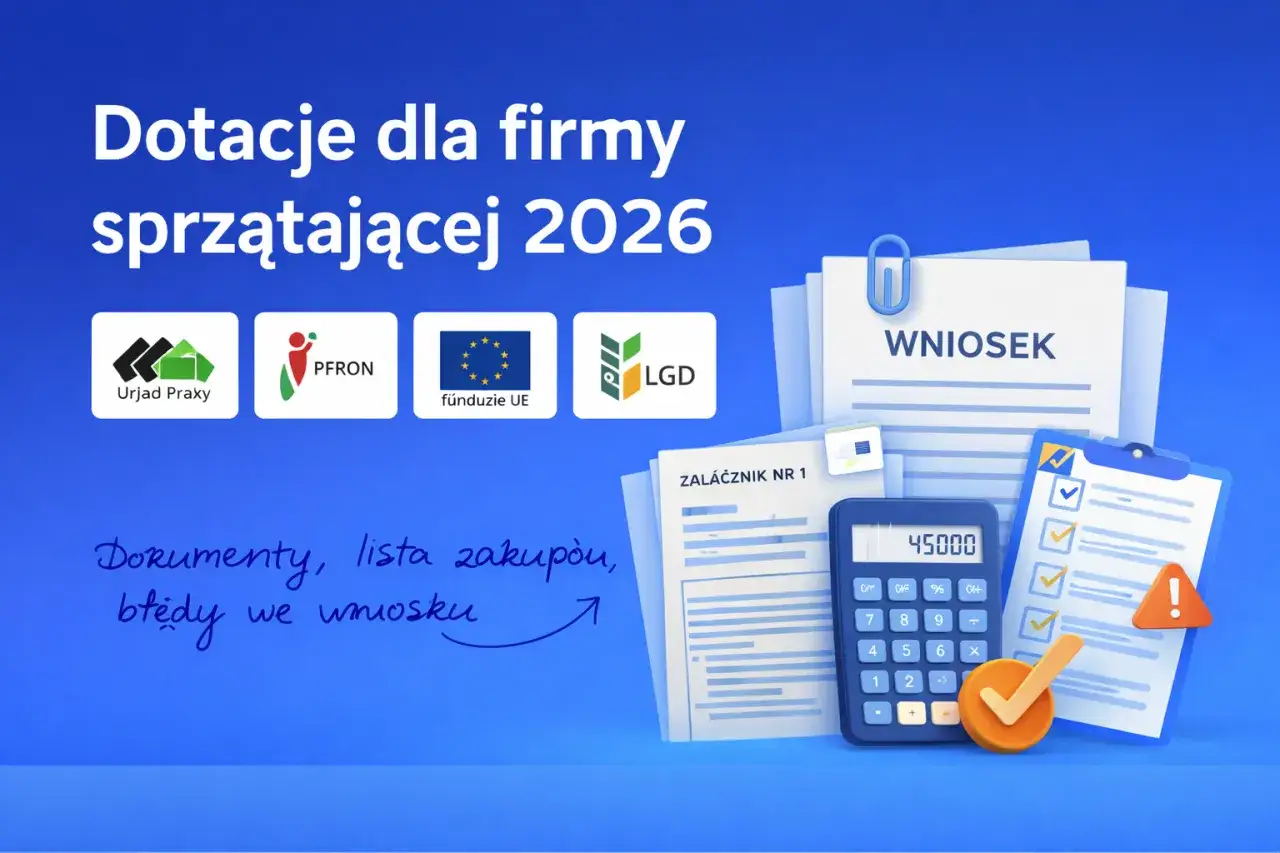 Jak napisać wniosek o dofinansowanie na rozpoczęcie działalności? Grafika pokazuje dokumenty, kalkulator i logotypy instytucji wspierających.