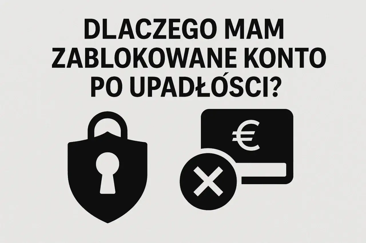 Dlaczego mam zablokowane konto po upadłości? Ikony zamka i karty z symbolem euro i krzyżykiem sugerują problemy finansowe i zablokowanie środków.