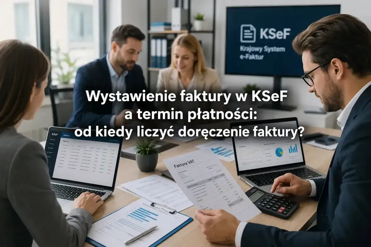 Zespół analizuje fakturę VAT w systemie KSeF. Dyskutują o terminie płatności i doręczeniu faktury.