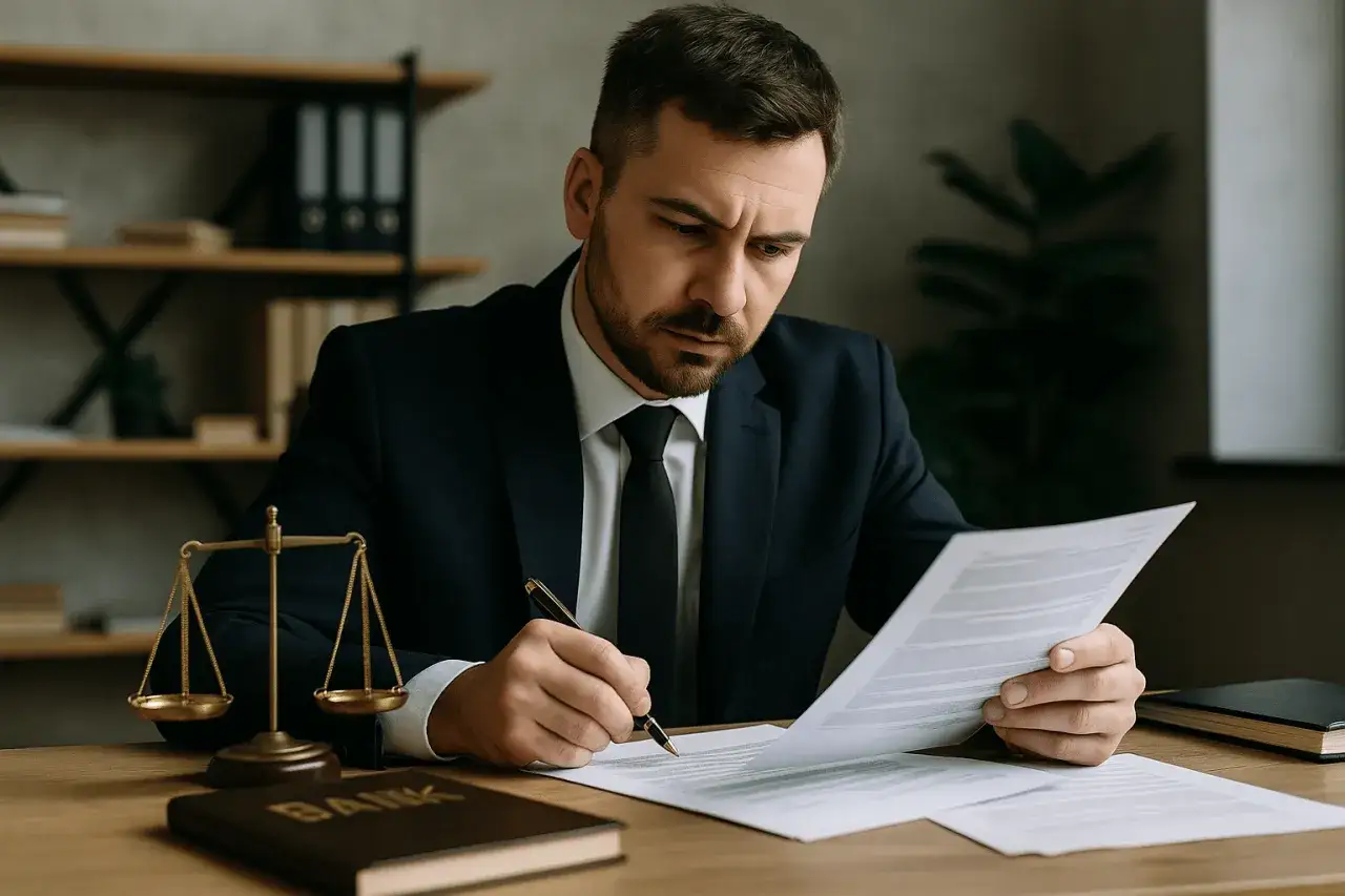 Prawnik analizuje dokumenty, by ustalić, kto nie może ogłosić upadłości konsumenckiej. Waga sprawiedliwości symbolizuje jego pracę.