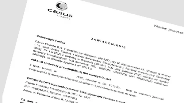 Zawiadomienie o sprzedaży wierzytelności. Potwierdza, czy komornik może sprzedać dług firmie windykacyjnej, w tym przypadku Trigon Profit.