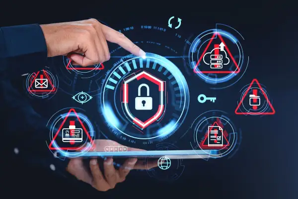 Dłoń wskazuje na ekran z ikonami symbolizującymi cyberbezpieczeństwo: kłódka, klucz, chmura, dokumenty, identyfikator.
