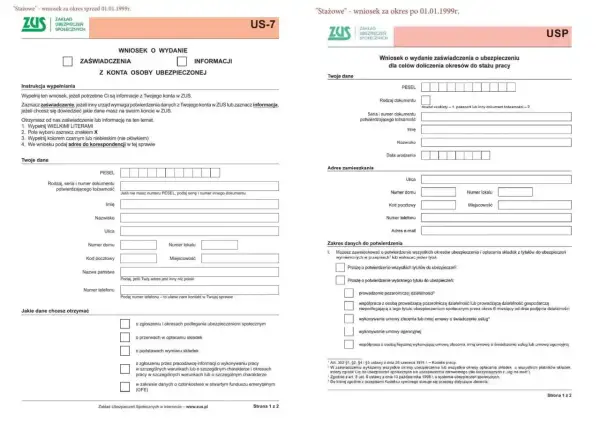 Wniosek US-7 do ZUS o wydanie zaświadczenia o ubezpieczeniu. Wypełnij dane osobowe, adresowe i zaznacz potrzebne informacje o okresach składkowych.