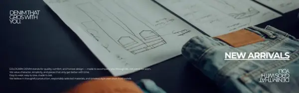 Szkice spodni dżinsowych i gotowy produkt z naszywką.