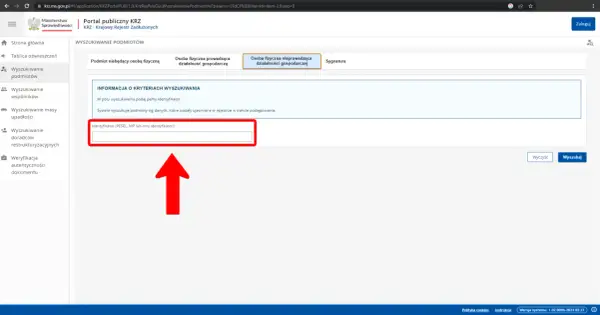 Strona pozwala sprawdzić upadłość osoby fizycznej. Wpisz identyfikator (PESEL, NIP lub inny) w pole wyszukiwania.