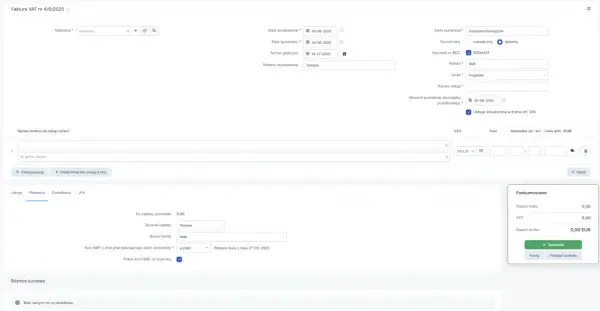 Formularz faktury VAT dla eksportu usług poza UE. Wpisano dane nabywcy, daty, walutę EUR i język angielski.