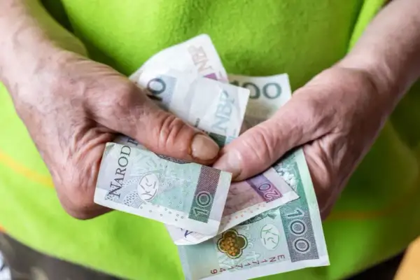 Dłonie trzymają polskie banknoty: 10, 20 i 100 zł. To może być wsparcie z tytułu renta socjalna.