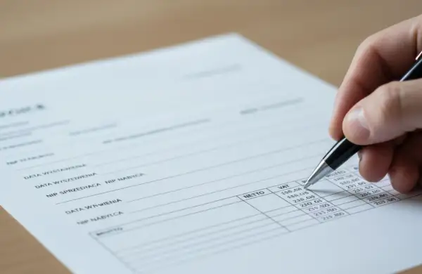 Dłoń z długopisem wypełniająca formularz faktury VAT.