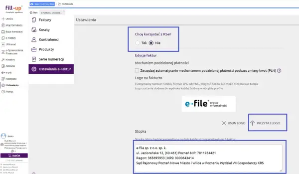 Ustawienia e-Faktur: wybór KSeF, edycja faktur, logo i stopka. Możliwość zarządzania rachunkami i ich wyglądem.