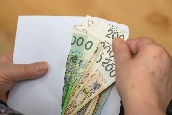 Dłonie wyciągają z koperty polskie banknoty. To może być pomoc z ZUS, np. renta rodzinna po mężu.