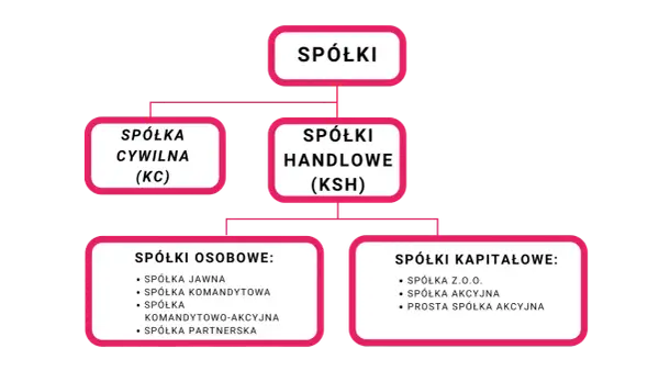 Schemat podziału spółek, w tym spółki kapitałowe: z o.o., akcyjna, prosta spółka akcyjna.