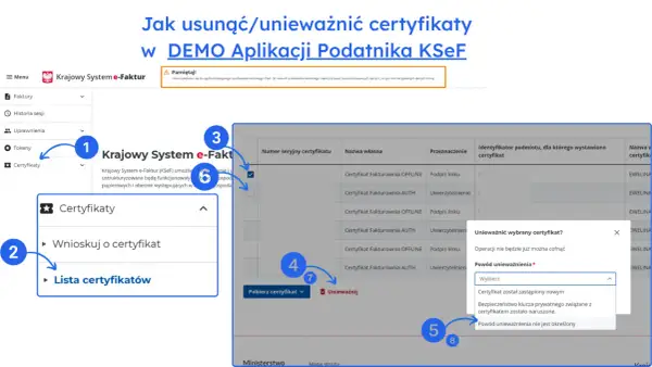 Unieważnianie certyfikatu w KSeF. Wybierz powód unieważnienia, np. "Certyfikat został zastąpiony nowym", aby skorzystać ze **skonto**.
