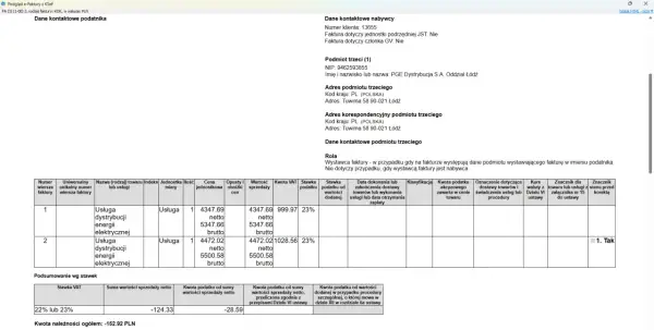 Faktura KOR z usługami dystrybucji energii elektrycznej, zawiera dane nabywcy, podmiotu trzeciego PGE Dystrybucja S.A. Oddział Łódź oraz podsumowanie stawek VAT. Jest to przykład refaktury.