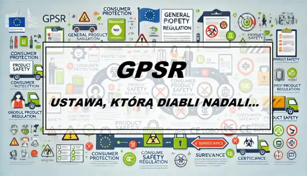 Grafika przedstawia zasady GPSR, czyli ogólne rozporządzenie o ochronie danych. W centrum znajduje się napis "GPSR" i "USTAWA, KTÓRĄ DIABLI NADALI...".